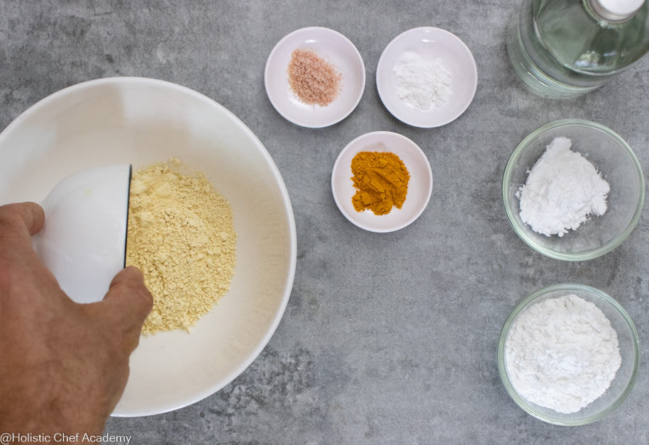 All ingredients laid out for making chickpea socca flatbread