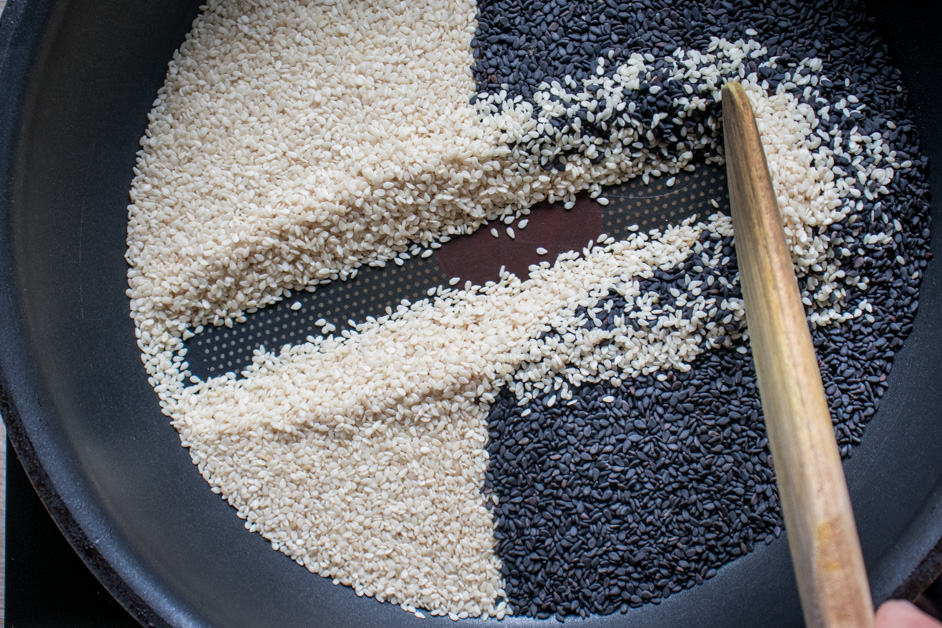 toasting the sesame seeds in a dry pan on medium heat