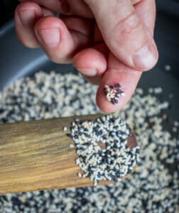 checking the sesame seeds to see if they are toasted enough for the gomashio seasoning