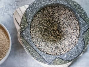 gomashio pounded in the mortar and pestle