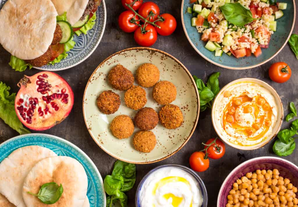 falafel party with lots of side dishes 