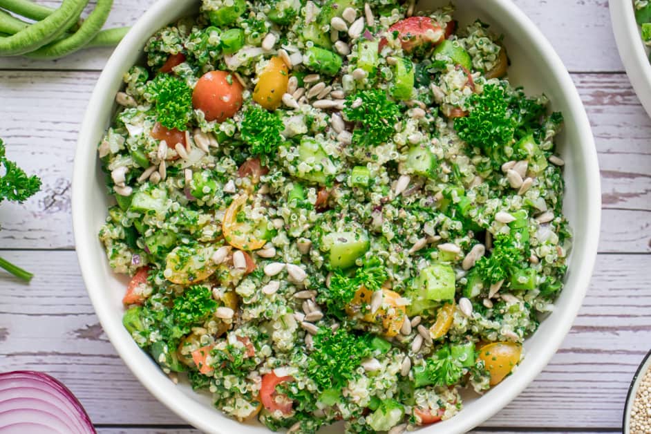 vibrant green quinoa tabbouleh ready to eat