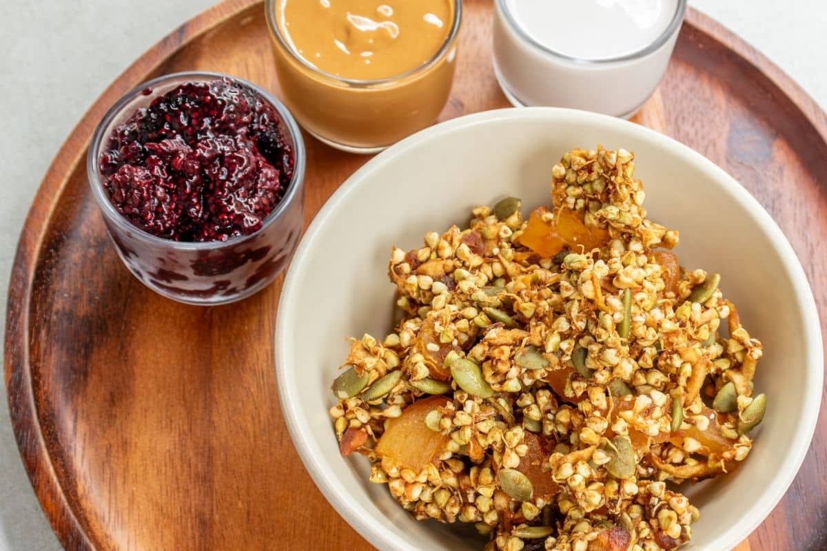 sprouted-buckwheat-rawnola-served-with-peanut-butter-and-chia-seed-jam