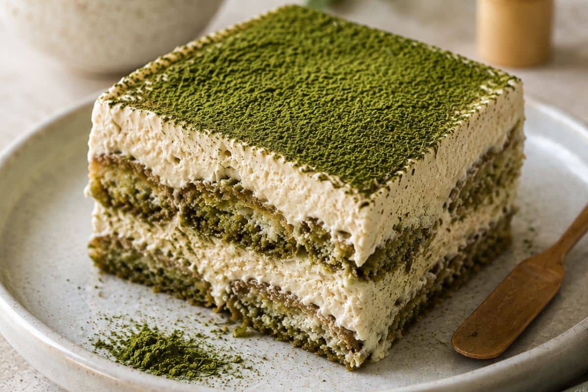 Matcha tiramisu slice with green tea cream, matcha dusting, and layered sponge on a ceramic plate