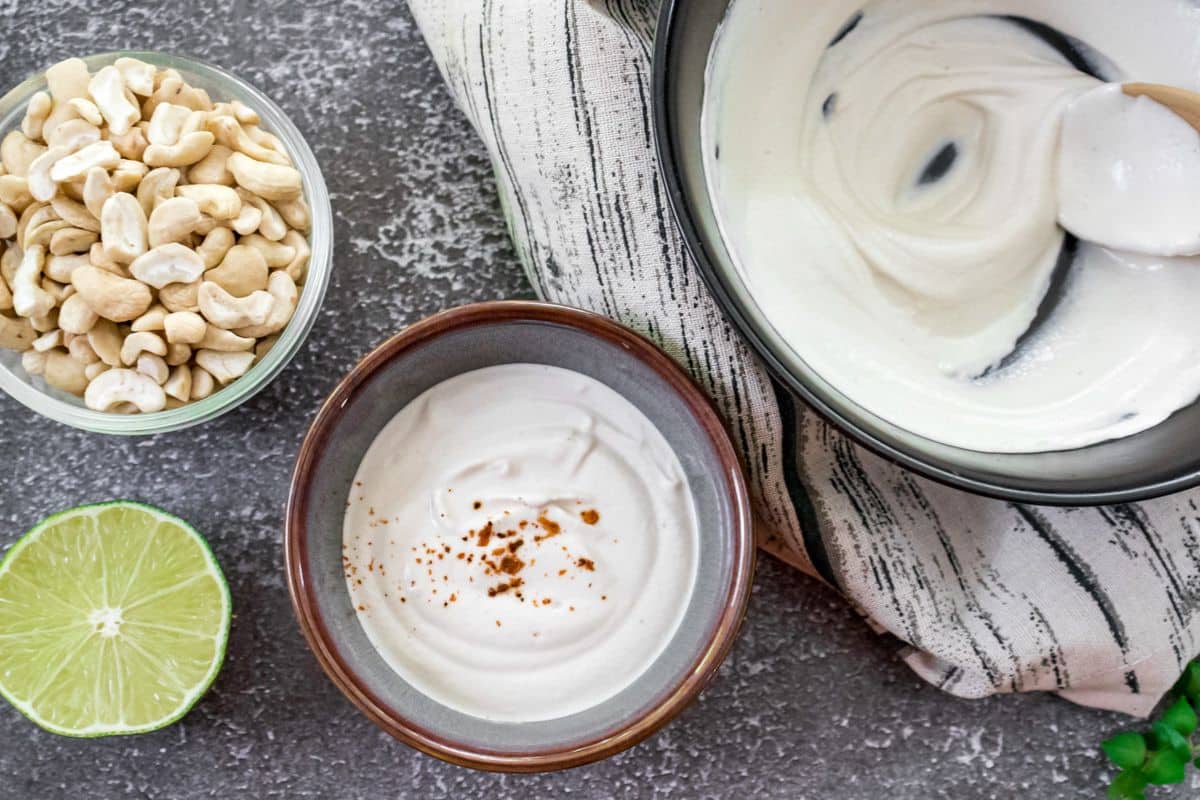 Homemade vegan cashew sour cream made with soaked cashews, lime and apple cider vinegar