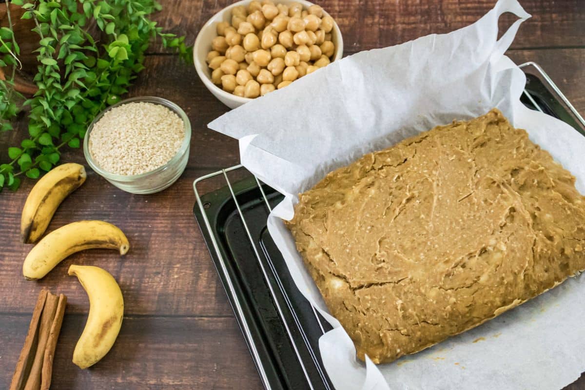 Homemade chickpea blondies with a soft fudgy texture and cinnamon flavor