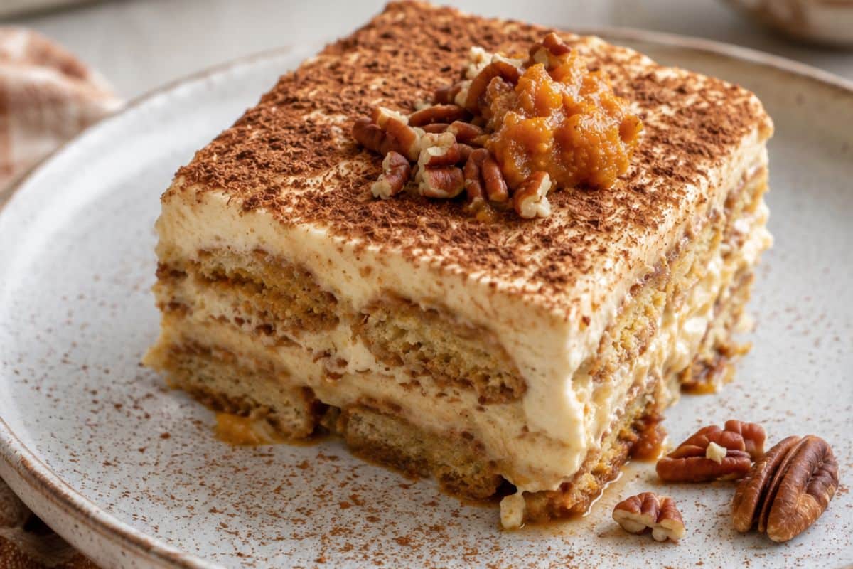 Pumpkin spice tiramisu slice with cinnamon dusting, pecans, pumpkin purée, and creamy layered sponge
