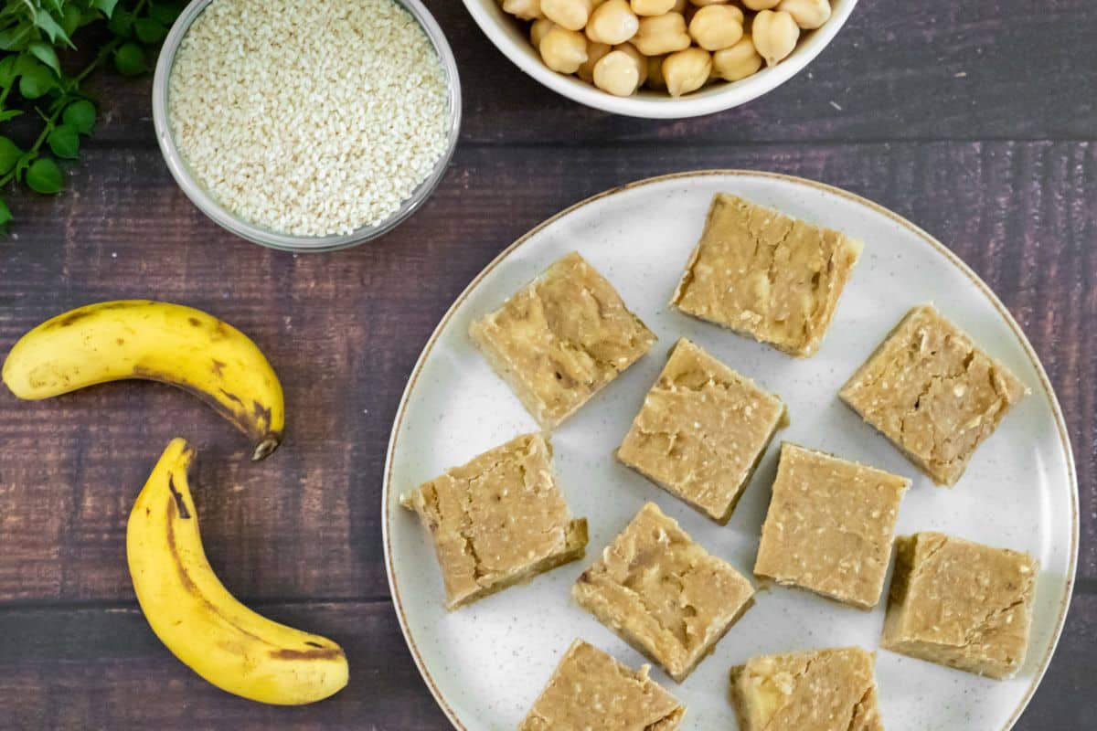 Vegan chickpea blondies made with peanut butter, tahini, banana and oat flour