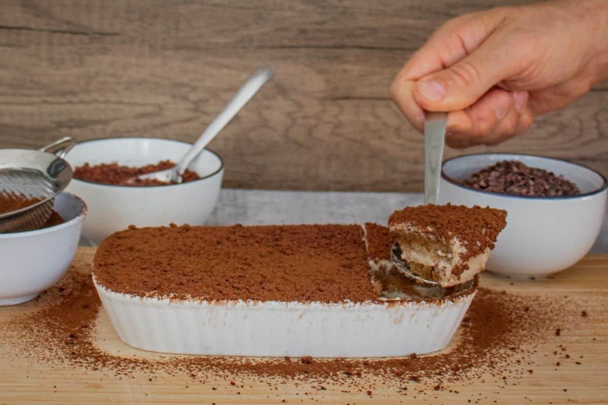 vegan tiramisu topped with cacao powder