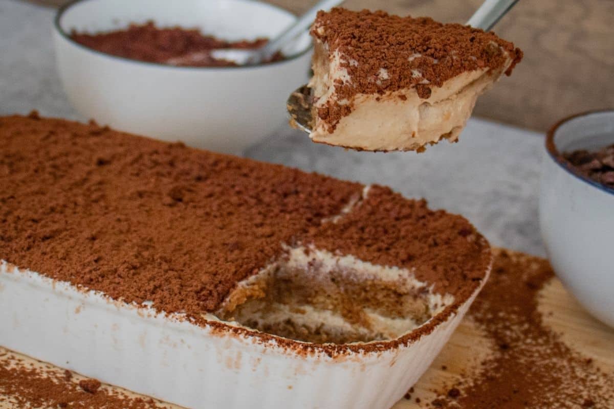 vegan tiramisu topped with cacao nibs