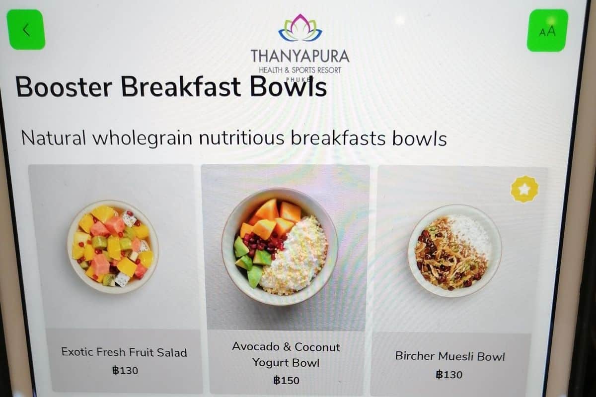 Digital menu showing wellness food, calories and allergen information at Thanyapura Sports Resort