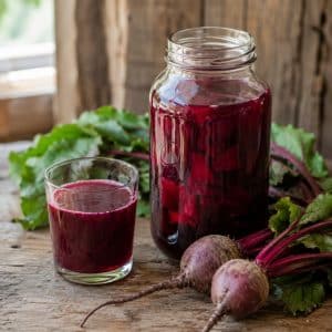 Beetroot kvass fermented drink in a glass jar with fresh beetroot and beet greens on a rustic wooden table.