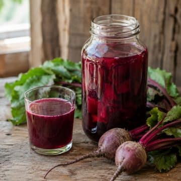 Beetroot kvass fermented drink in a glass jar with fresh beetroot and beet greens on a rustic wooden table.