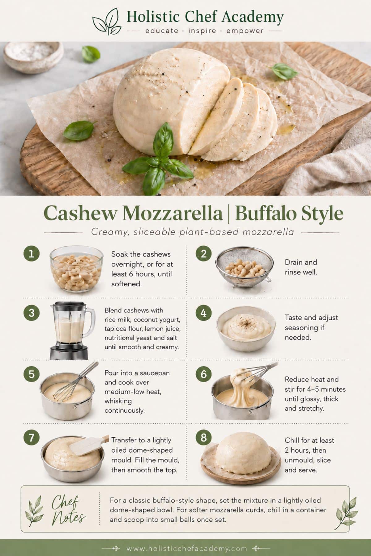 Step-by-step Cashew Mozzarella infographic showing how to soak cashews, blend with coconut yogurt and tapioca, cook until thick and stretchy, shape in a dome bowl, chill and serve.