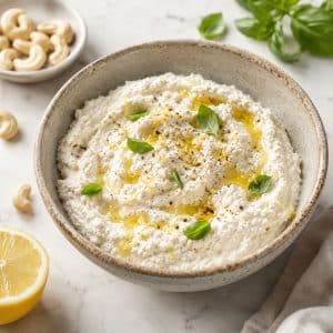 Creamy cashew ricotta in a ceramic bowl with olive oil, cracked black pepper and lemon on a marble surface.
