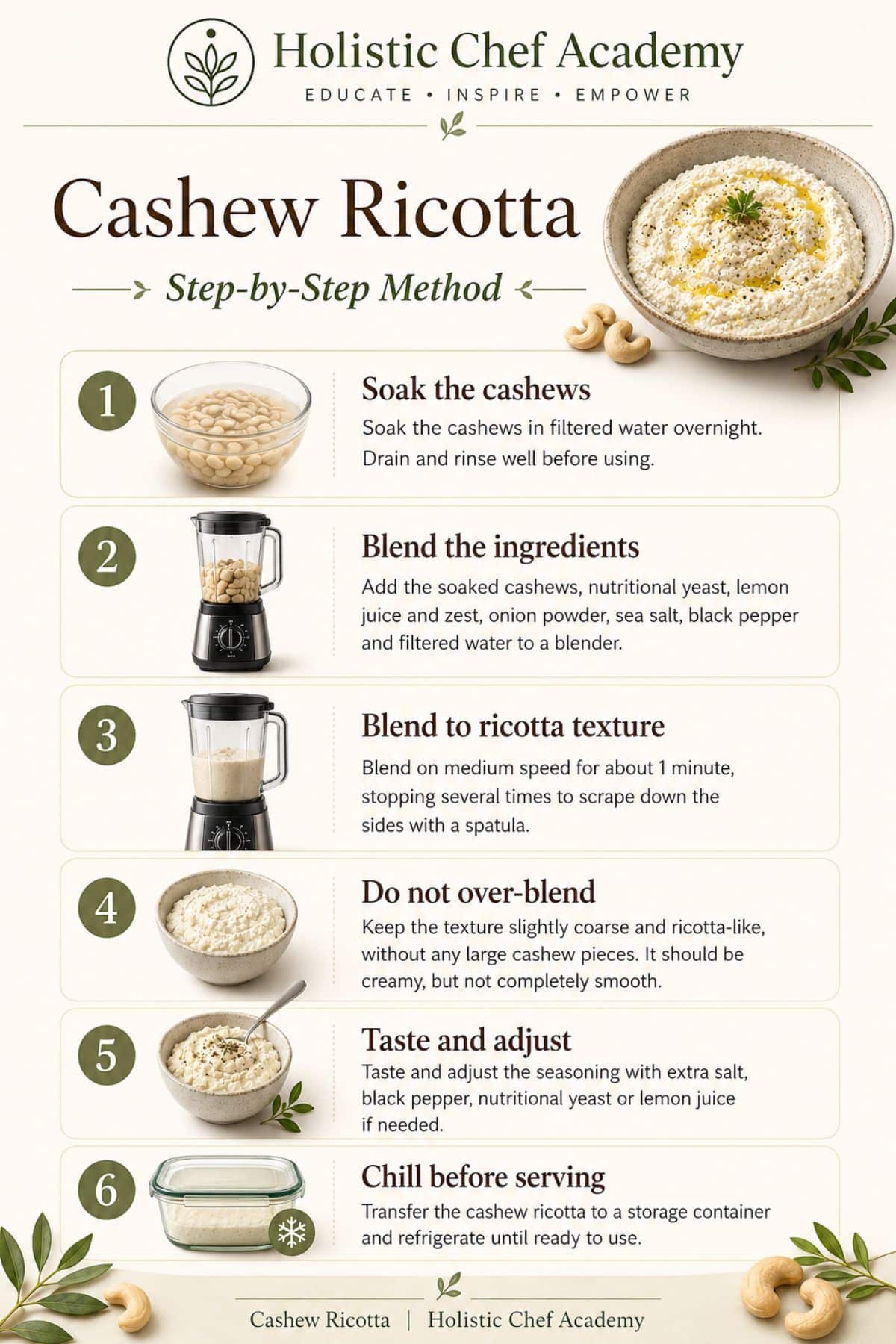 Step-by-step Cashew Ricotta method infographic showing soaked cashews, blending, ricotta texture, seasoning adjustment and chilling instructions, branded with Holistic Chef Academy.
