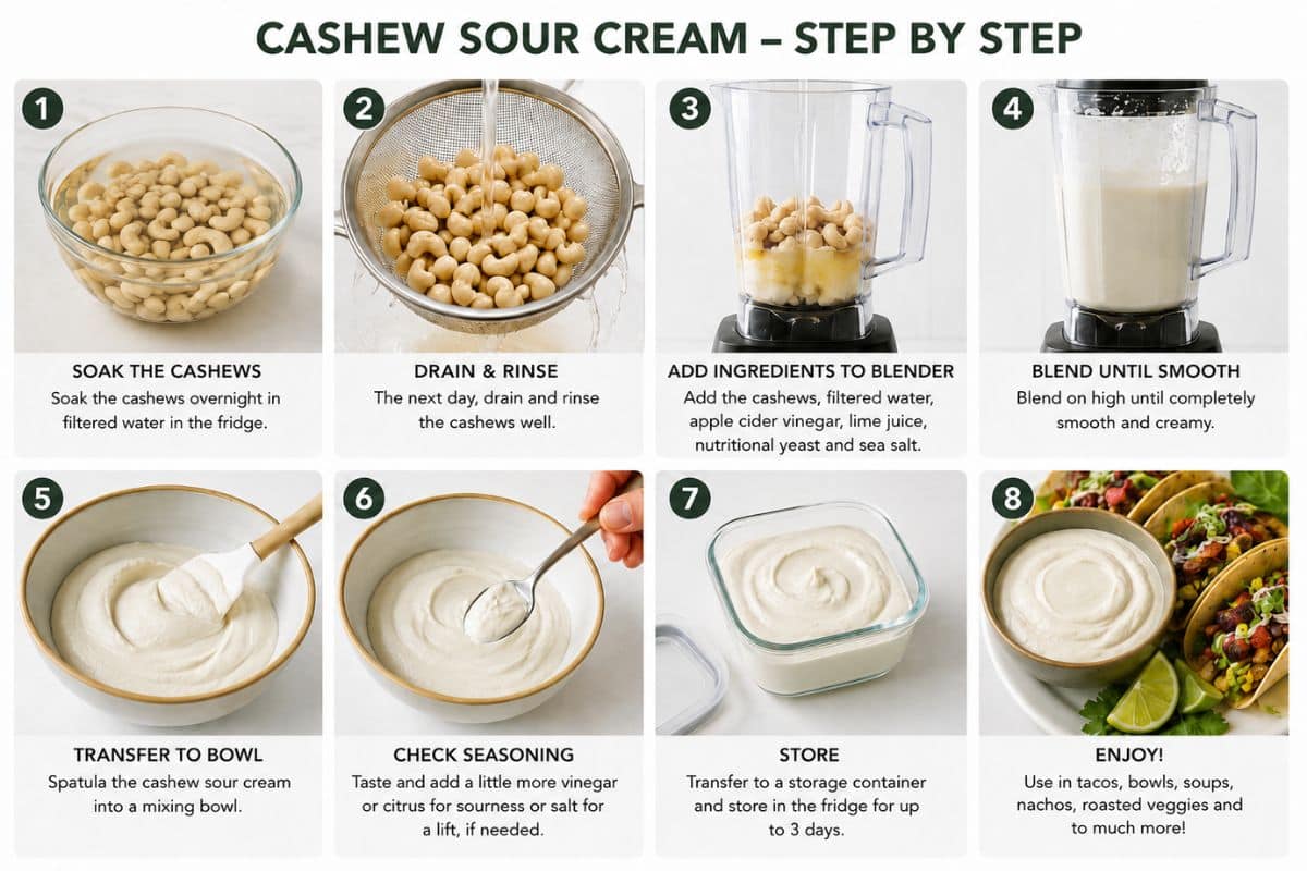 Cashew sour cream step-by-step recipe guide showing soaked cashews, blending ingredients, seasoning, storing in a container, and serving with tacos.