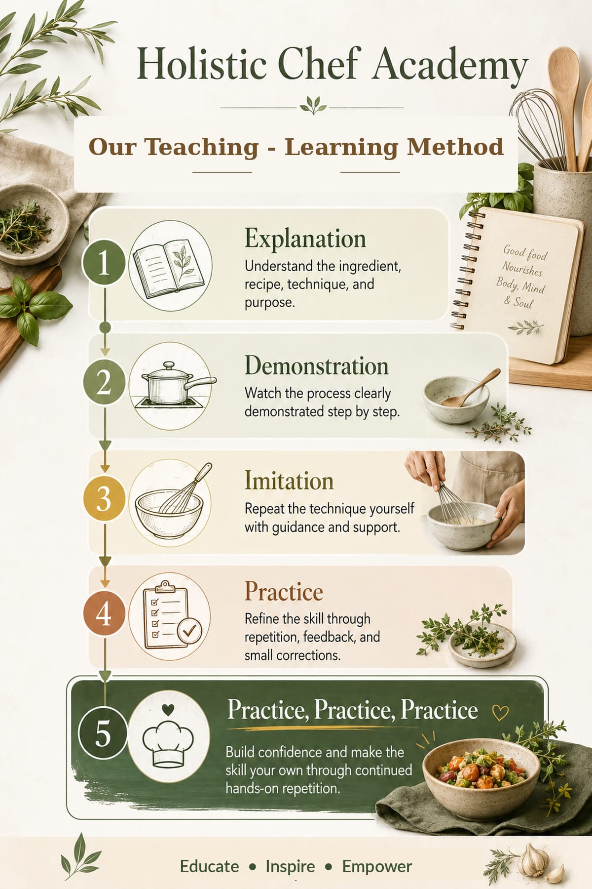 Holistic Chef Academy infographic showing the teaching-learning method: explanation, demonstration, imitation, practice, and repeated hands-on practice to build culinary confidence.