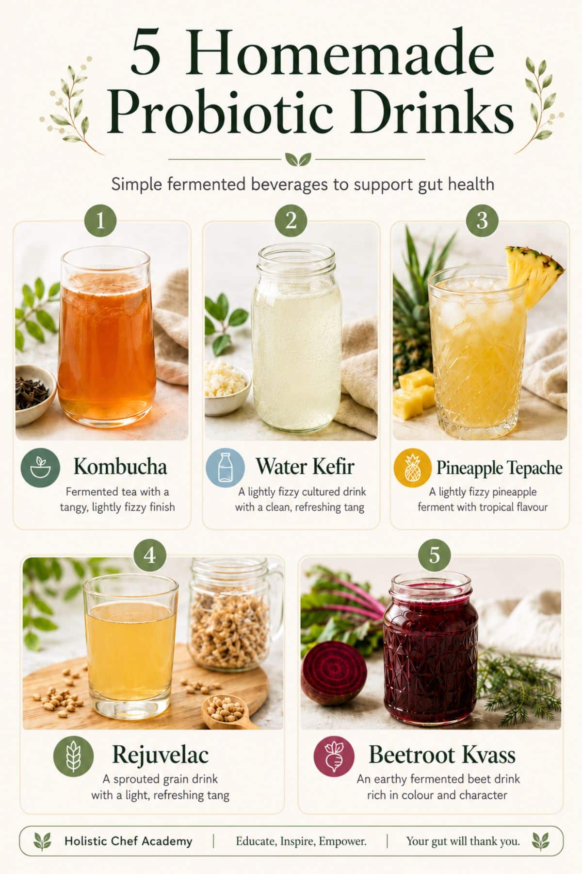 Infographic showing five homemade probiotic drinks: kombucha, water kefir, pineapple tepache, rejuvelac, and beetroot kvass.