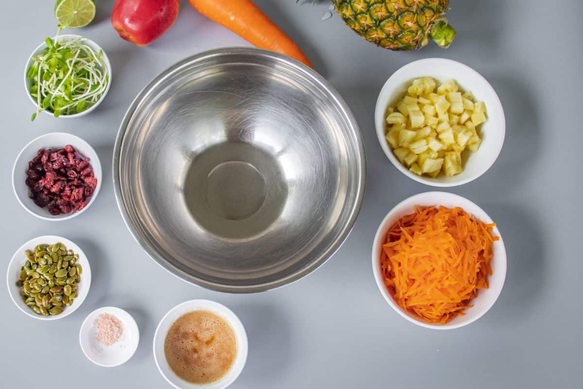 assemble all ingredients for carrot and pineapple salad
