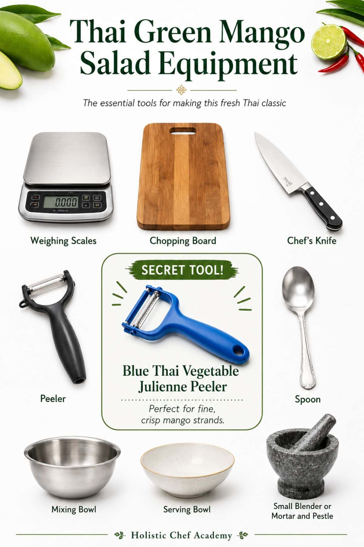 Infographic showing the equipment needed to make Thai mango salad, featuring weighing scales, chopping board, chef's knife, peeler, spoon, mixing bowl, serving bowl, mortar and pestle, and a blue Thai vegetable julienne peeler highlighted as the secret tool.