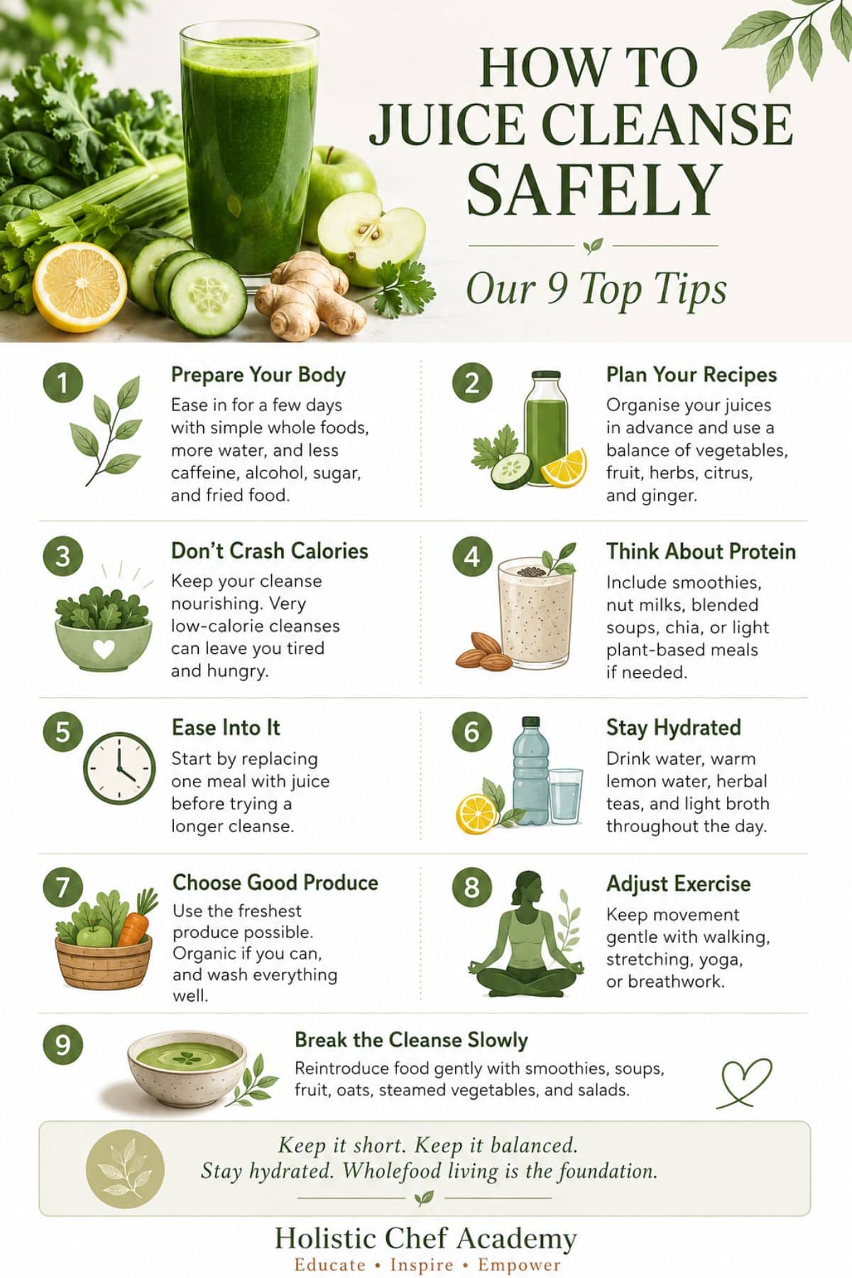 Infographic showing how to juice cleanse safely with 9 top tips, including hydration, protein, gentle exercise, fresh produce and breaking the cleanse slowly.