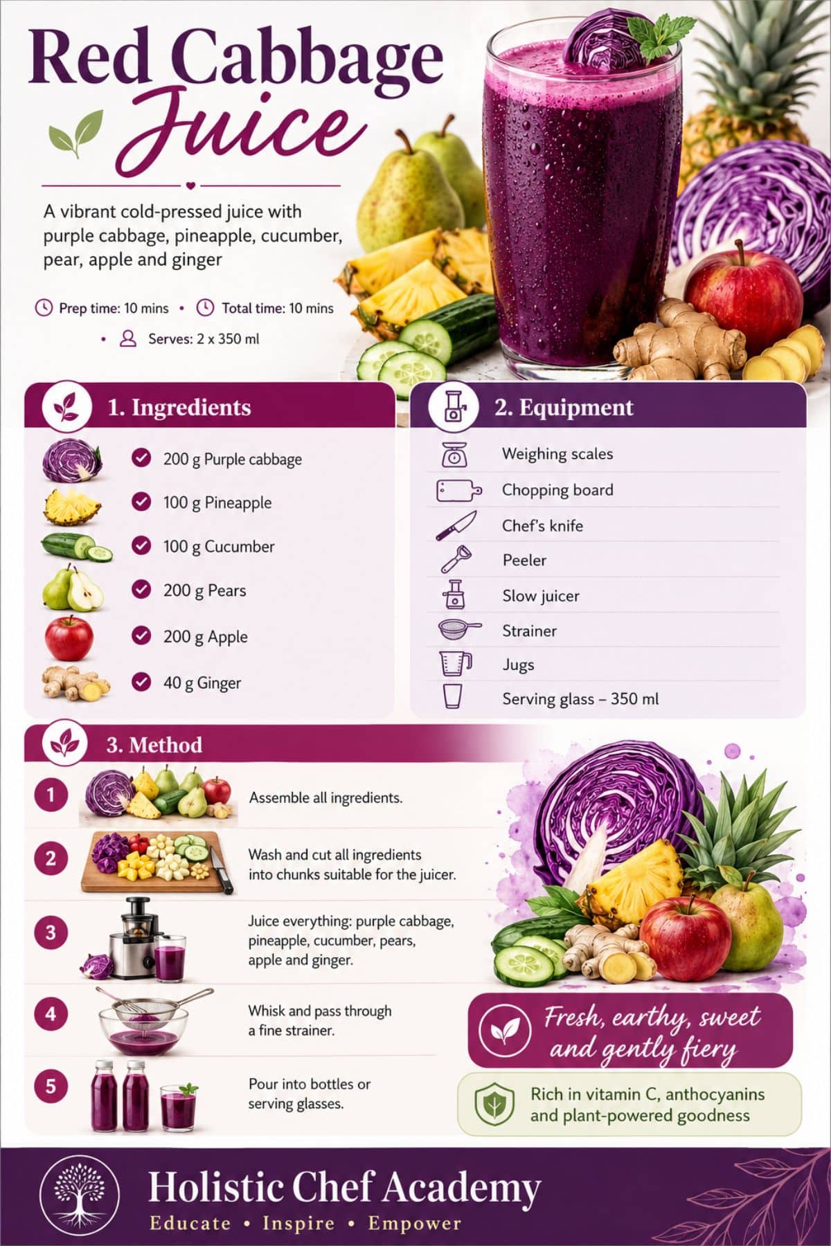 Red cabbage juice recipe infographic showing ingredients, equipment and method for making cold-pressed juice with purple cabbage, pineapple, cucumber, pear, apple and ginger.