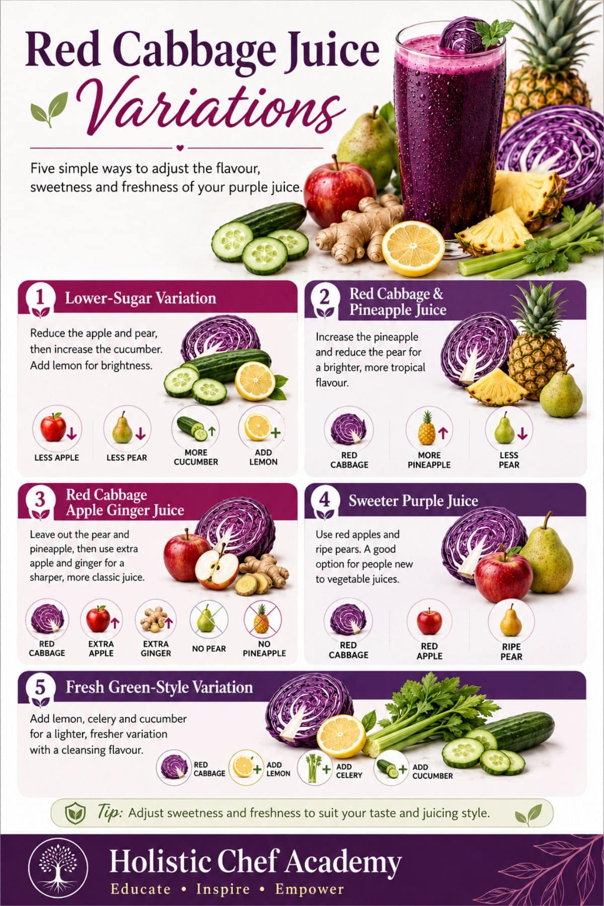 red cabbage juice infographic showing 5 different recipe variations