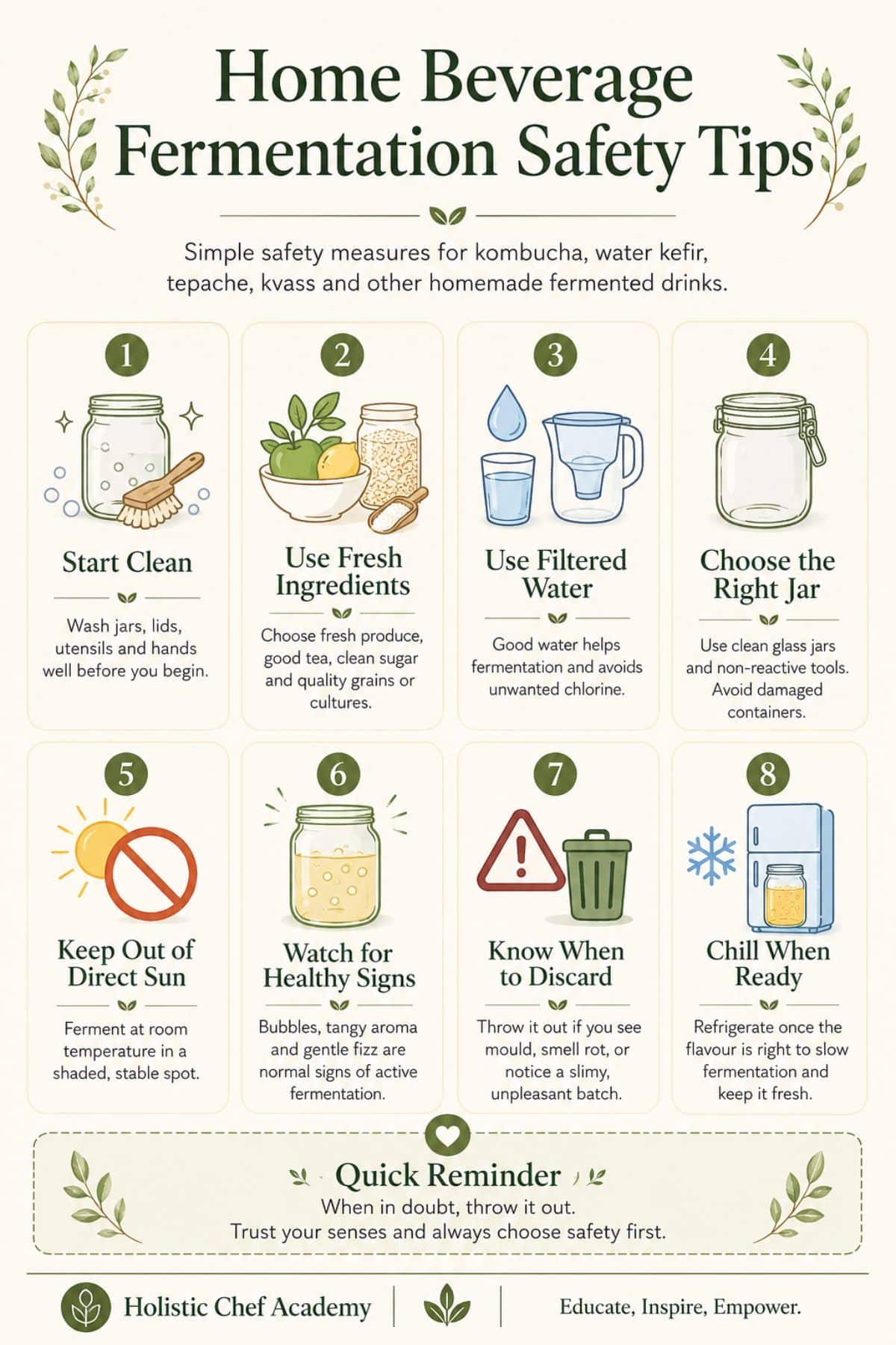 Infographic showing home beverage fermentation safety tips, including clean jars, fresh ingredients, filtered water, proper containers, avoiding direct sunlight, checking for healthy fermentation signs, knowing when to discard, and chilling fermented drinks when ready.