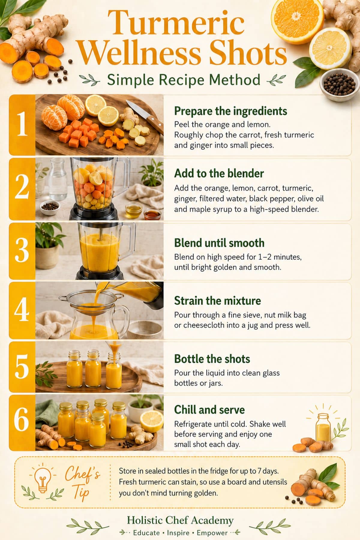 Step-by-step infographic showing how to make homemade turmeric shots in a blender.