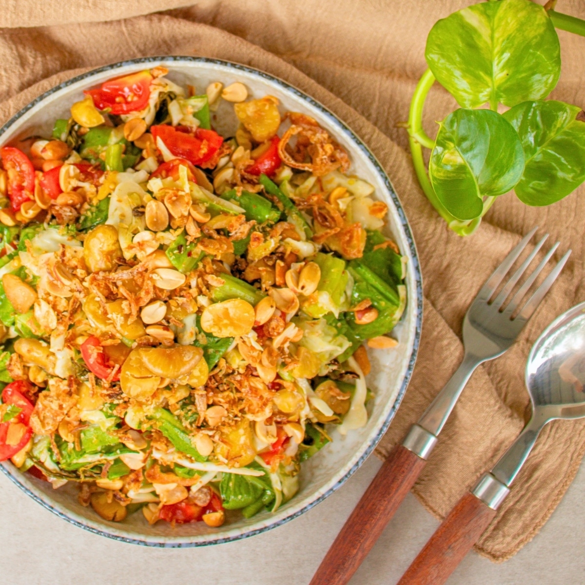Burmese tea leaf salad (Lahpet Thoke) with fermented tea leaves, cabbage, cos lettuce, tomatoes, peanuts and crispy fava beans.