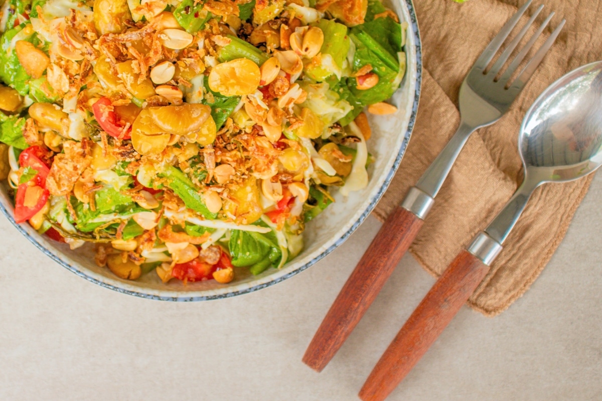 Burmese tea leaf salad served in a bowl