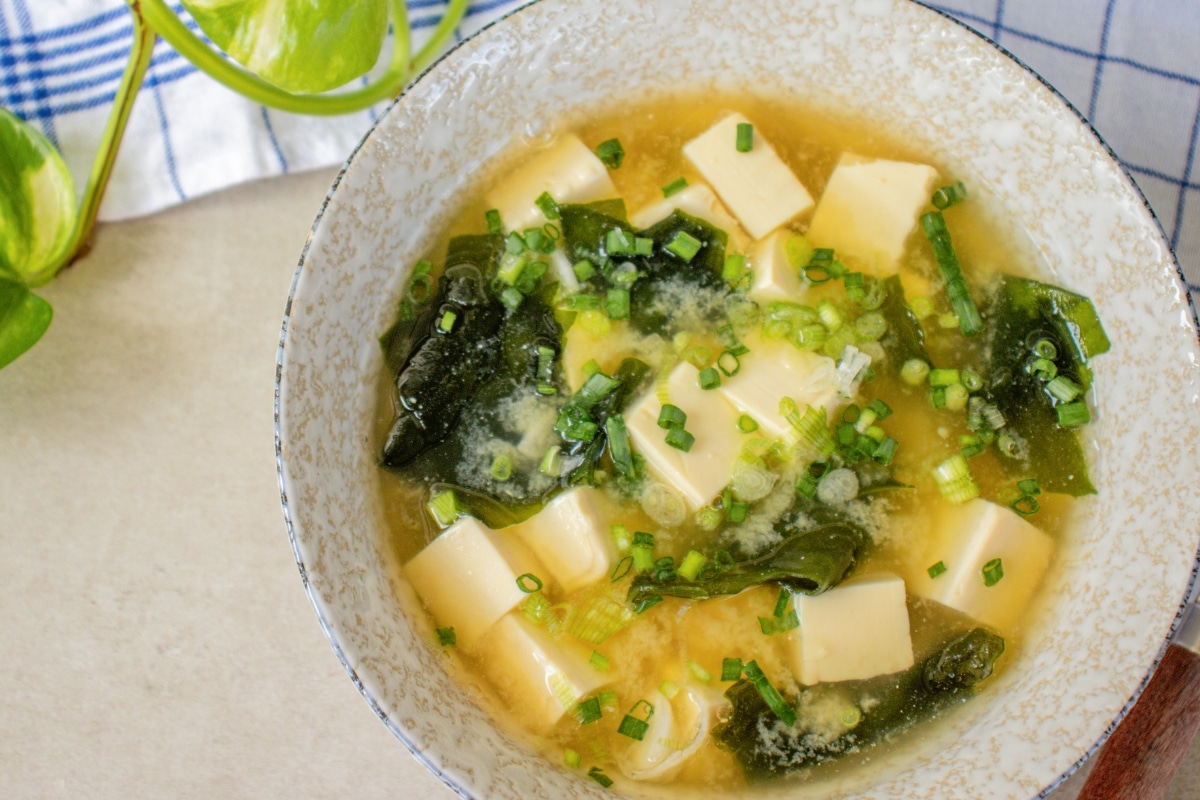 Plant-based miso soup with kombu broth, tofu and wakame