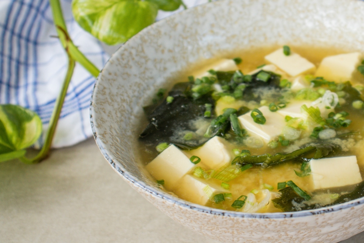 Plant-based miso soup with kombu broth, tofu and wakame