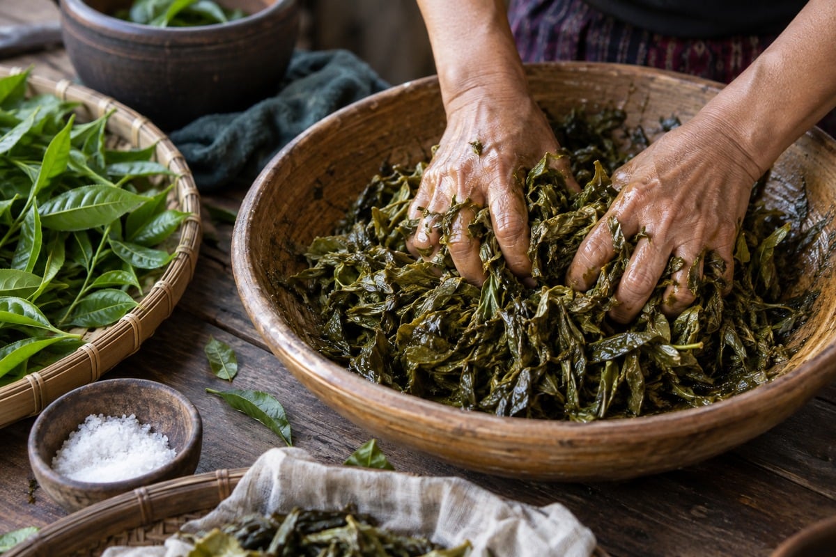 Fermented green tea leaves being hand-mixed during traditional lahpet preparation for Burmese Tea Leaf Salad.